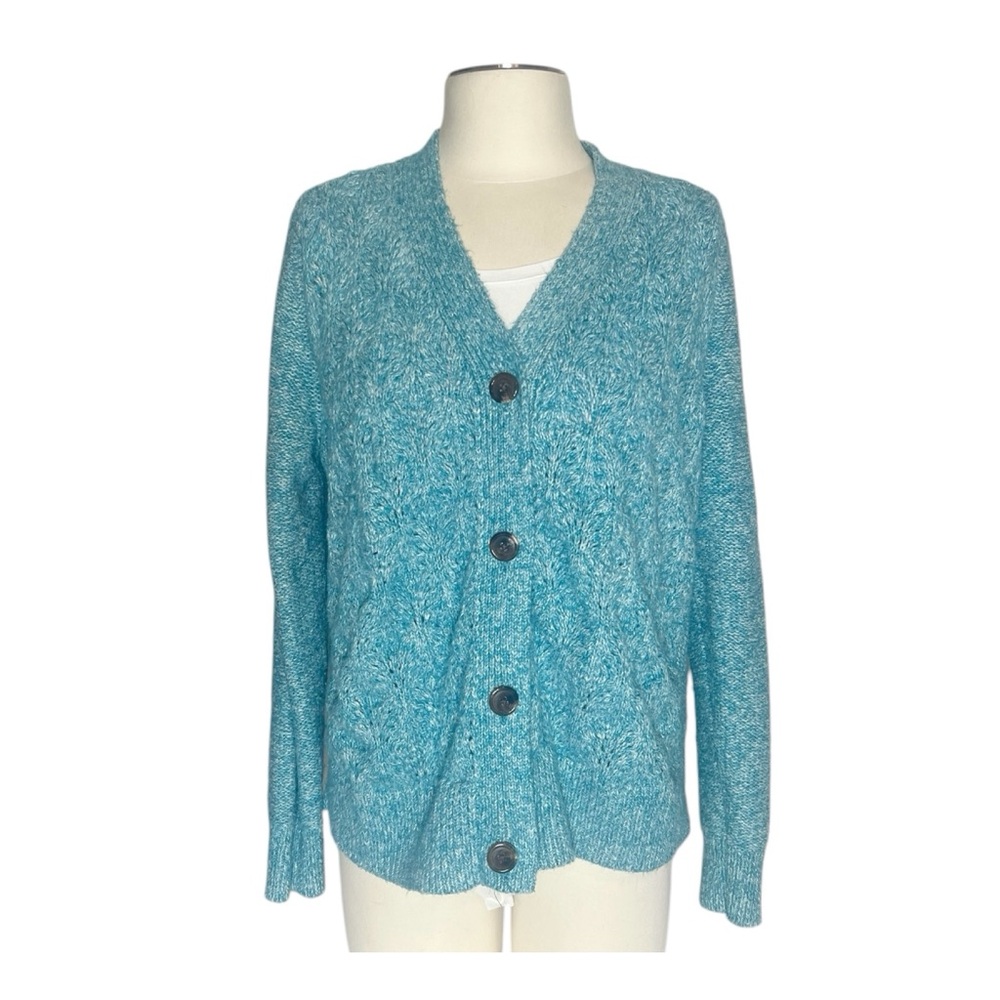 Susan Graver teal & white marbled knit waist length textured cardigan size L